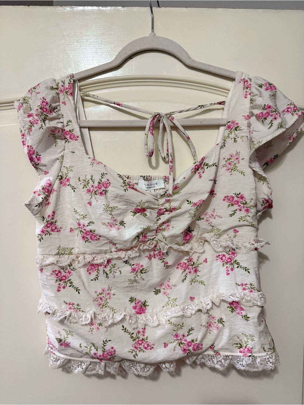 Kirious Floral Lace-Trim Tie-Back Cream Crop Top Large Cottagecore